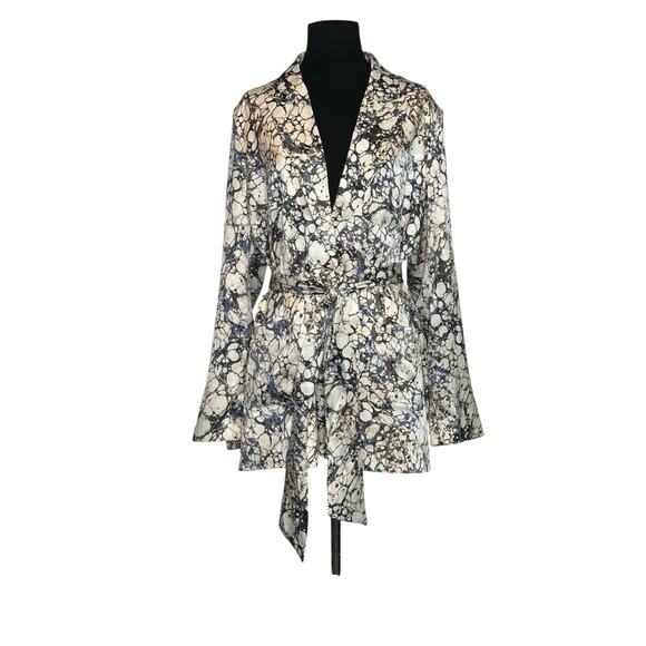 Forever 21 blue cream print long sleeves belted blazer coat size Medium - Picture 10 of 14